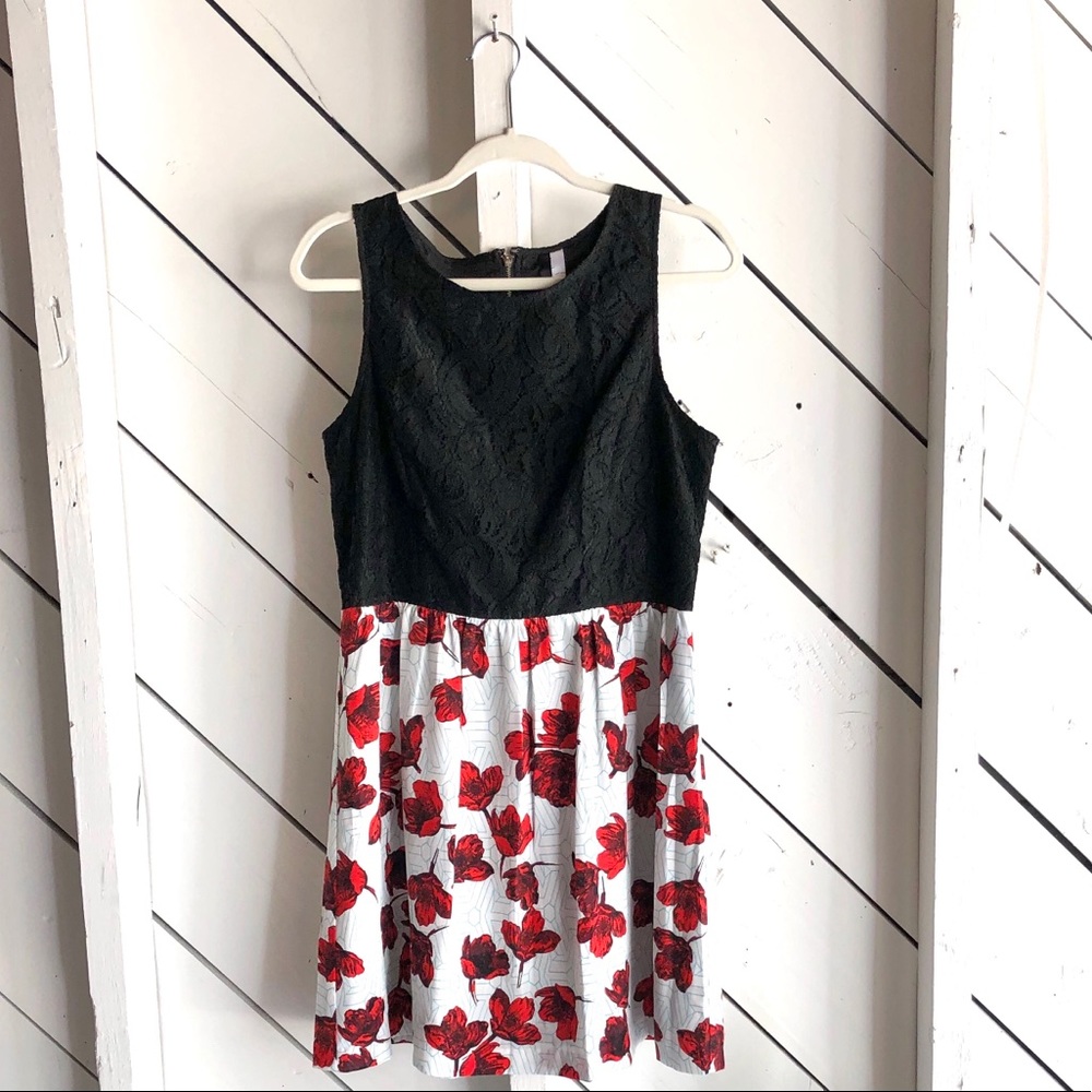 Geometric Floral Dress with Lace Bodice